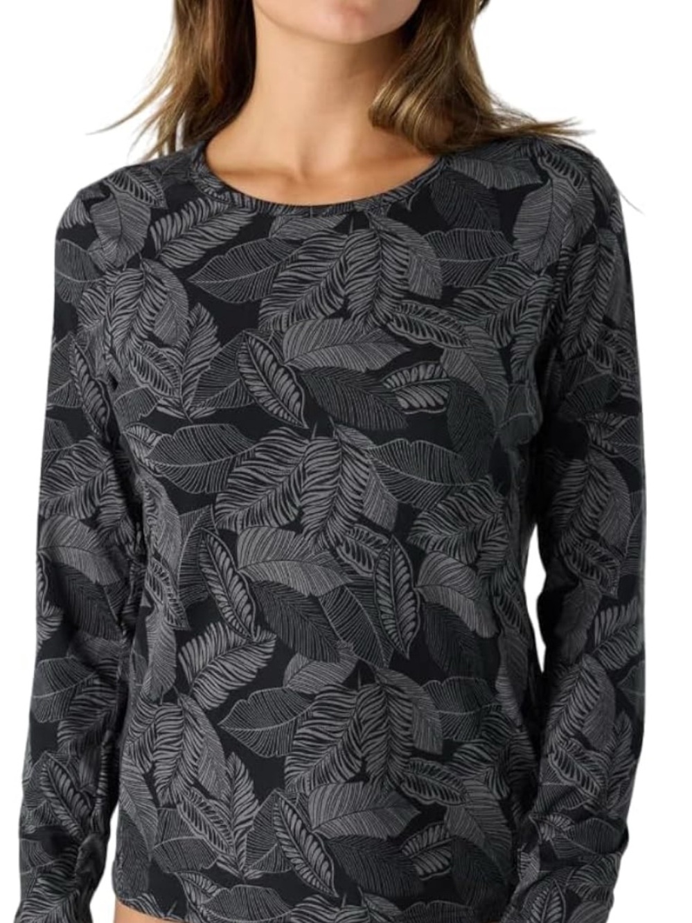 Hang Ten Black Leaf-Print Long Sleeve Top